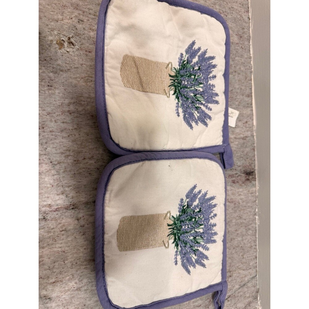 Embroidered Lavender Pot Holders Set of 2 โ Floral French Country Potholders